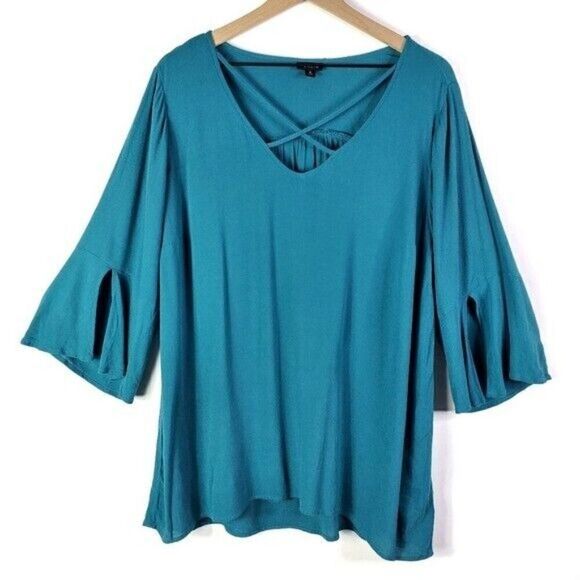 Torrid Strappy Bell Sleeve Cage Neck Crepe Blouse Teal‎ Aqua Top Plus Size 3 3X - Picture 5 of 8